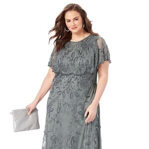 NWT Roaman's Plus Size Beaded Capelet Gown in Dark Grey Size 12W